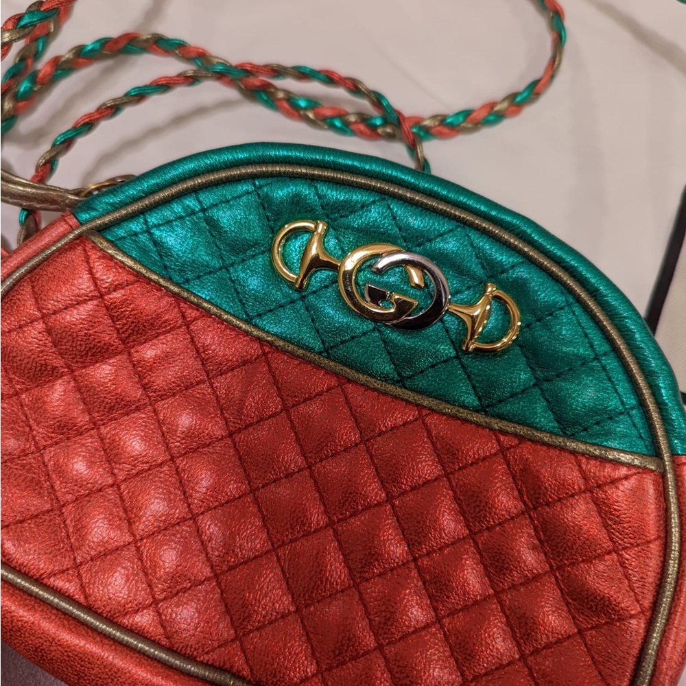 Authentic Gucci Metallic Red, Green, & Gold messenger bag with rope style strap